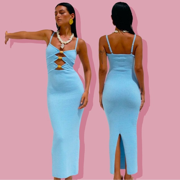 REVOLVE Dresses & Skirts - Runaway The Label Normani Light Ice Blue Midi Knit Bodycon Cut Out Bead Dress M